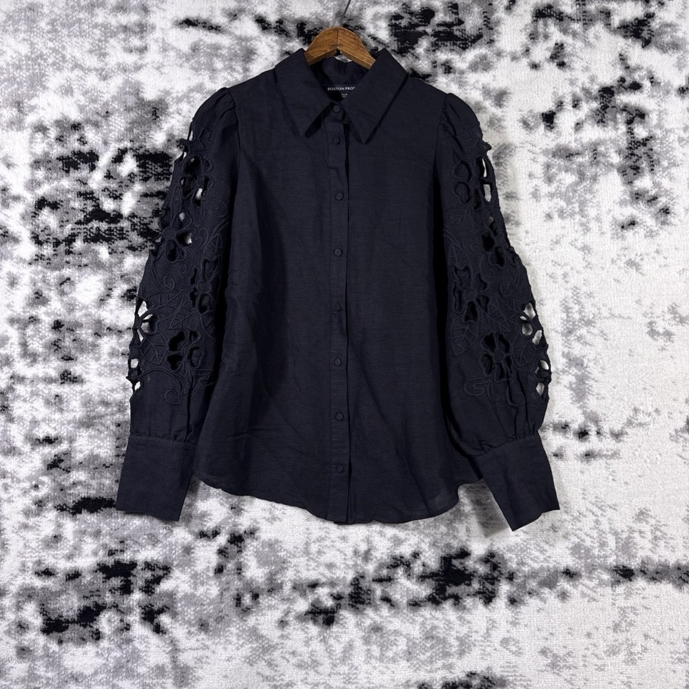 Boston Proper Top Womens Size Medium Black Linen Viscose Floral Lace Cut Sleeve